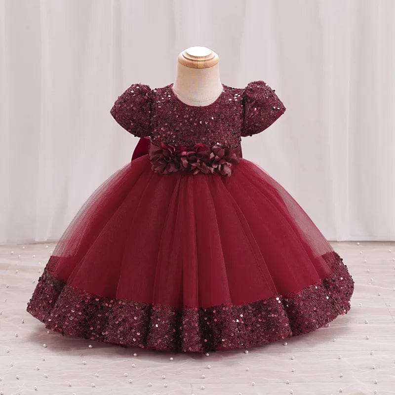 Baby girl red sequin bow dress with lace flower details, perfect for birthday parties, weddings, or special occasions.
