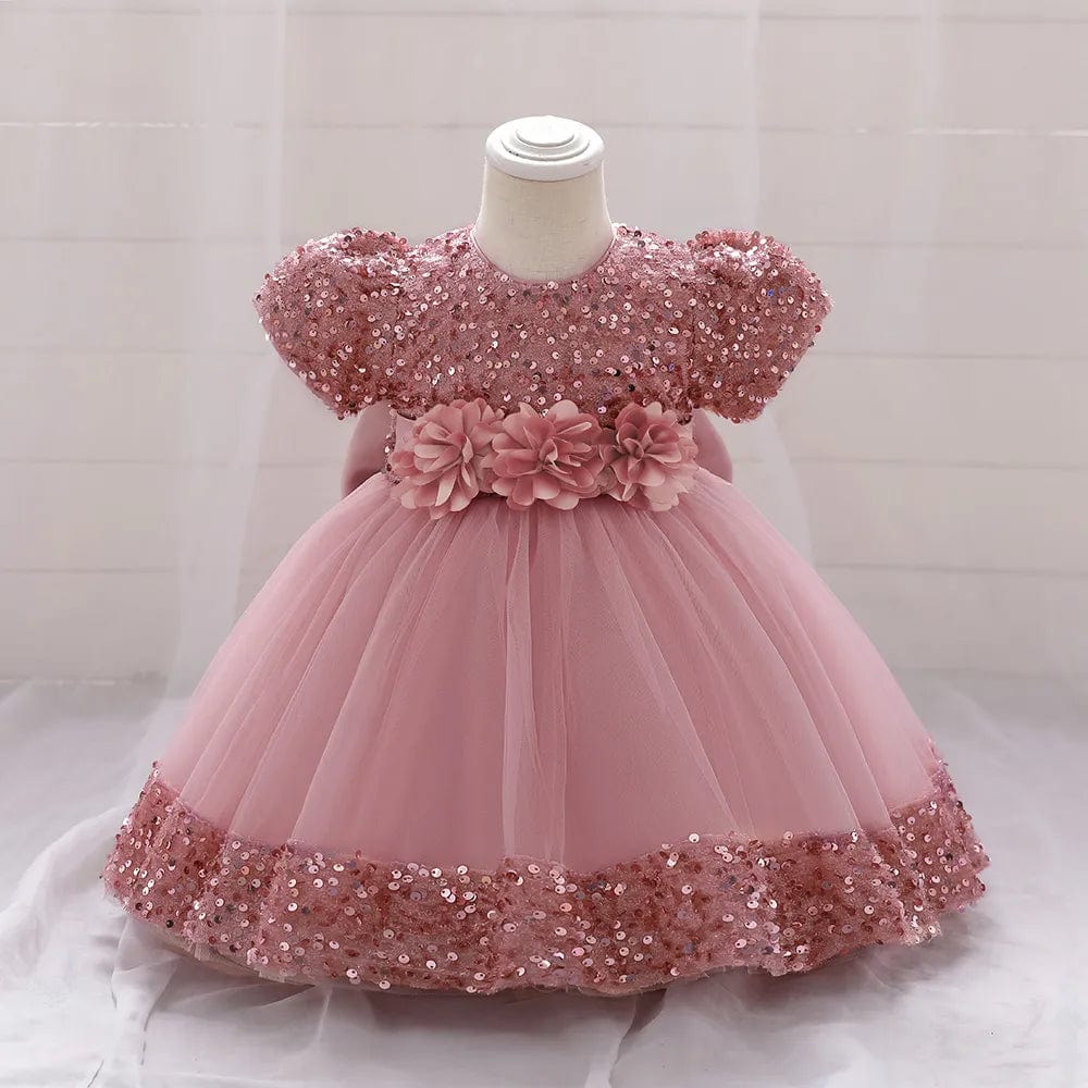 Baby girl red sequin bow dress with lace flower details, perfect for birthday, party, or wedding celebrations.