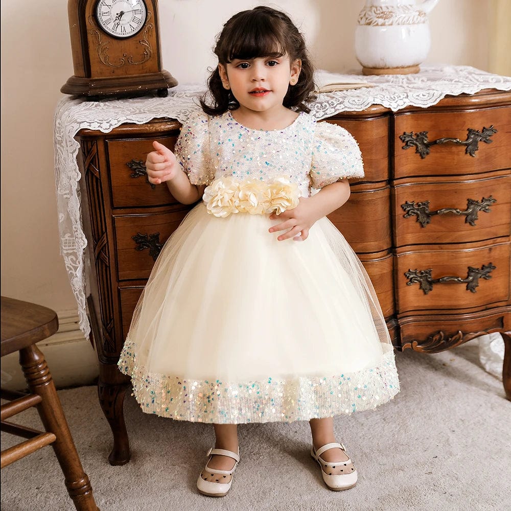 Red sequin bow dress for baby girl with lace flower details, perfect for birthday, wedding, or special occasions by Showlu Fashion.