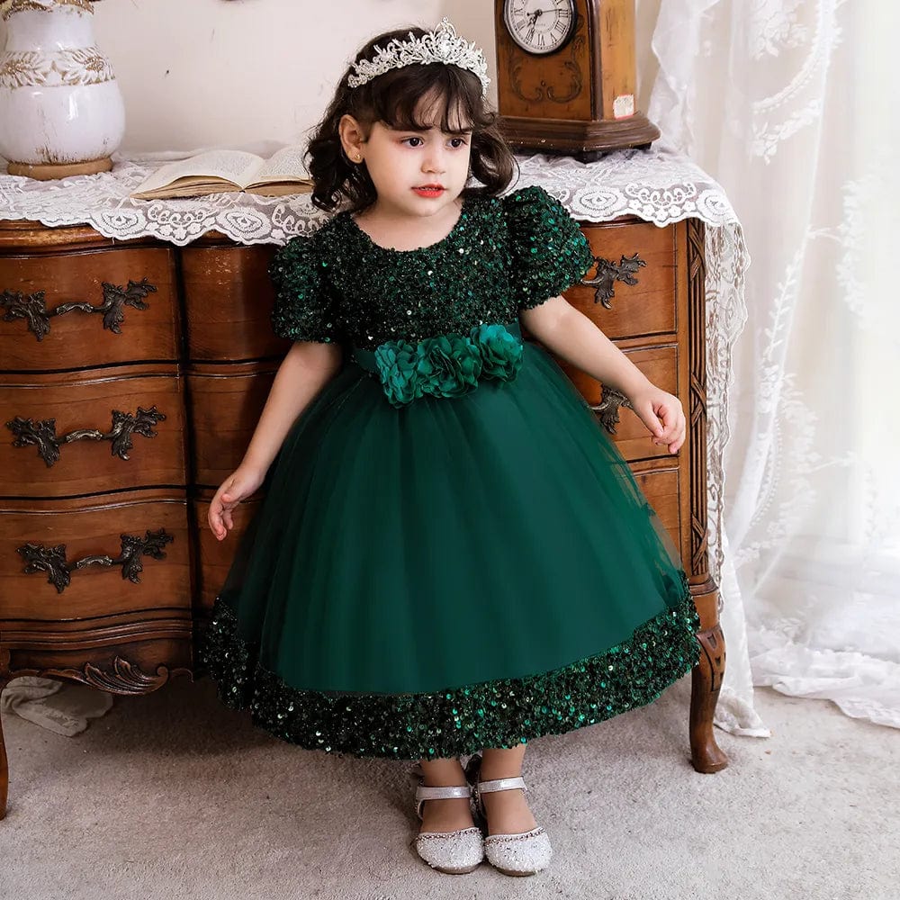 Baby girl red sequin bow dress with lace flower details, perfect for birthday parties, weddings, and special occasions.