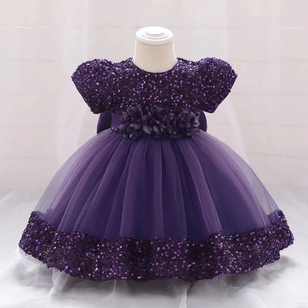 Baby girl red sequin bow dress with lace flower detail, perfect for birthday parties, weddings, and special occasions.