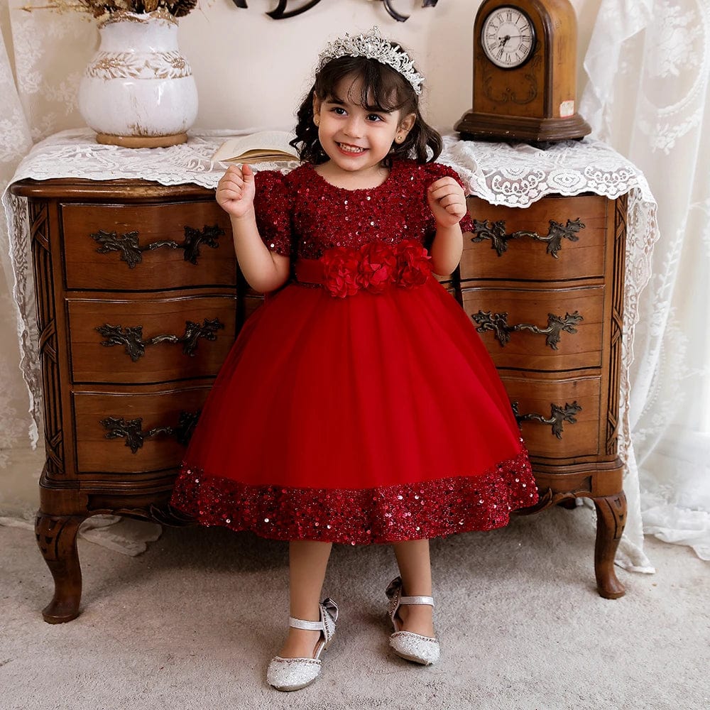 Red sequin bow dress for baby girls, lace flower detail, perfect for birthday, Christmas, or special occasions.