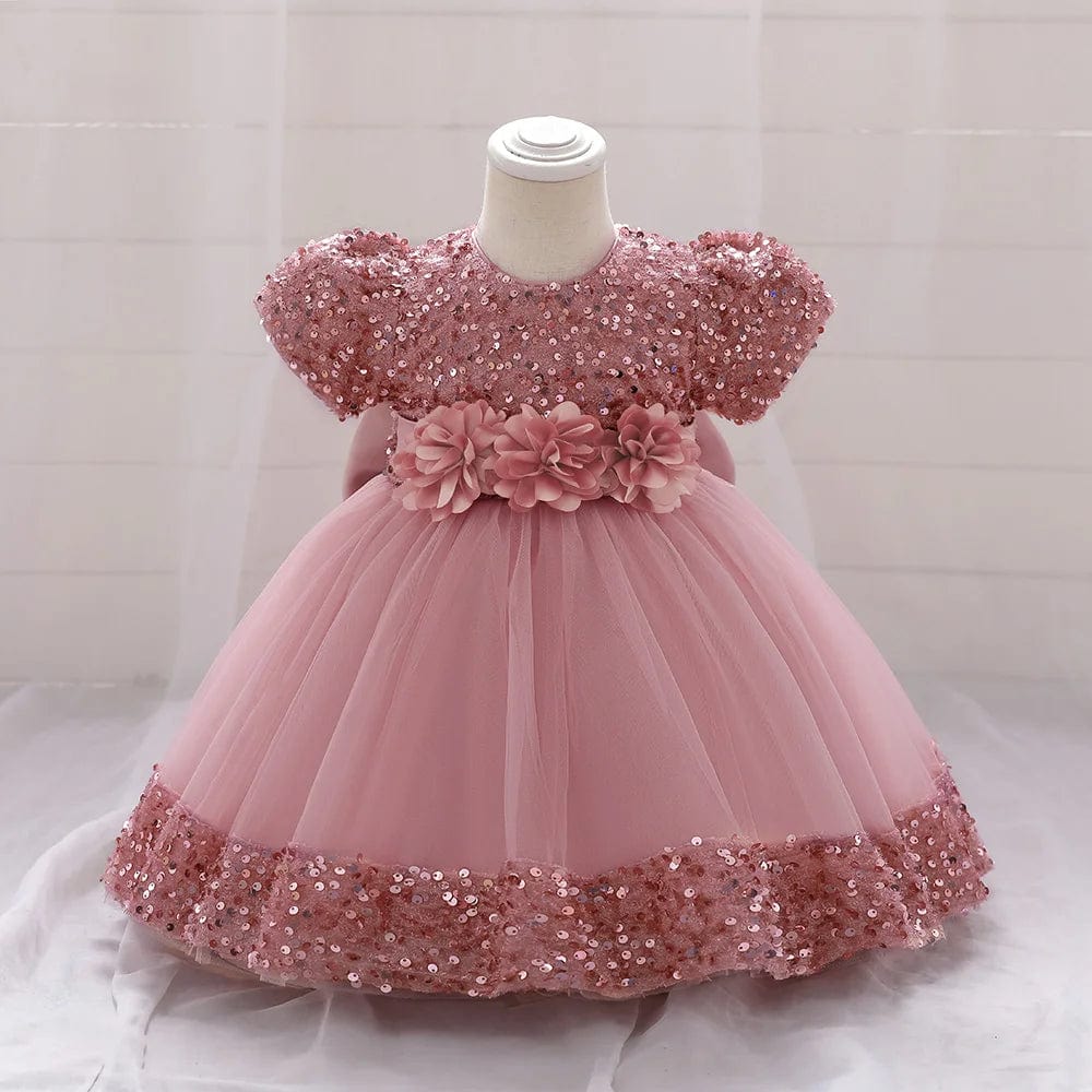 Baby girl red sequin bow dress with lace flower embellishments, perfect for birthday parties and special occasions.