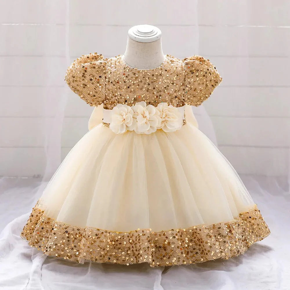 Red sequin bow dress for baby girl by Showlu Fashion, lace flower design, perfect for birthdays, parties, or special occasions