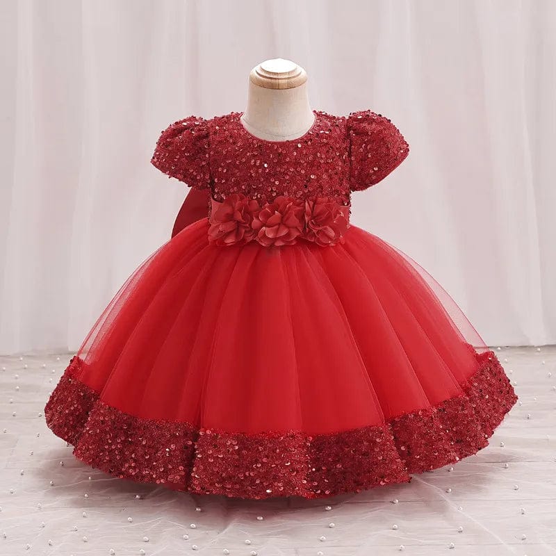 Showlu Fashion Baby Girl Red Sequin Bow Dress with lace flower, perfect for birthday parties, weddings, and special occasions.