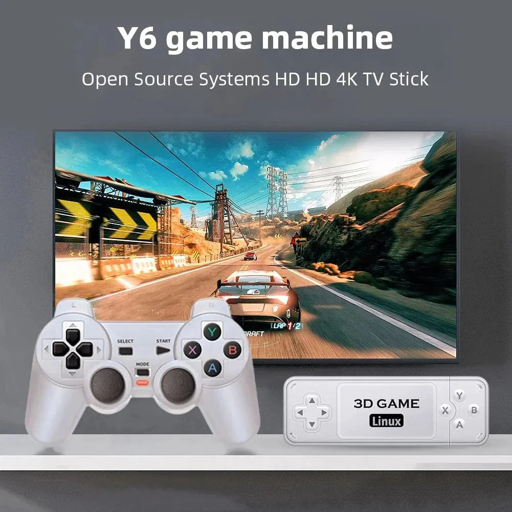 BoyHOM Y6 Retro Game Console with 4K HDMI output, dual handles, portable design, and GBA compatibility for home gaming.