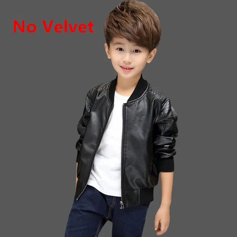 SHOWLU Boys faux leather jacket with warm velvet lining, stylish winter coat for children aged 1-11, suitable for autumn and winter.