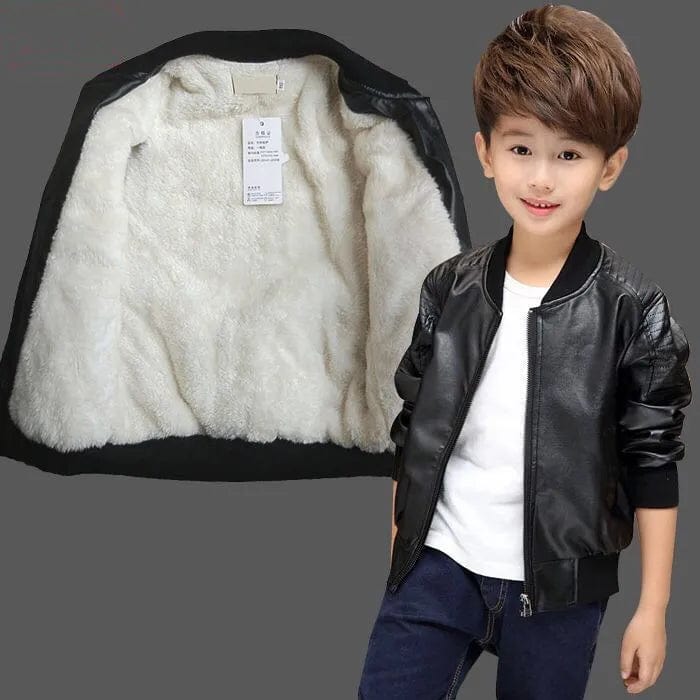 Boy wearing SHOWLU faux leather jacket with warm velvet lining, stylish winter coat for children aged 1-11 years.