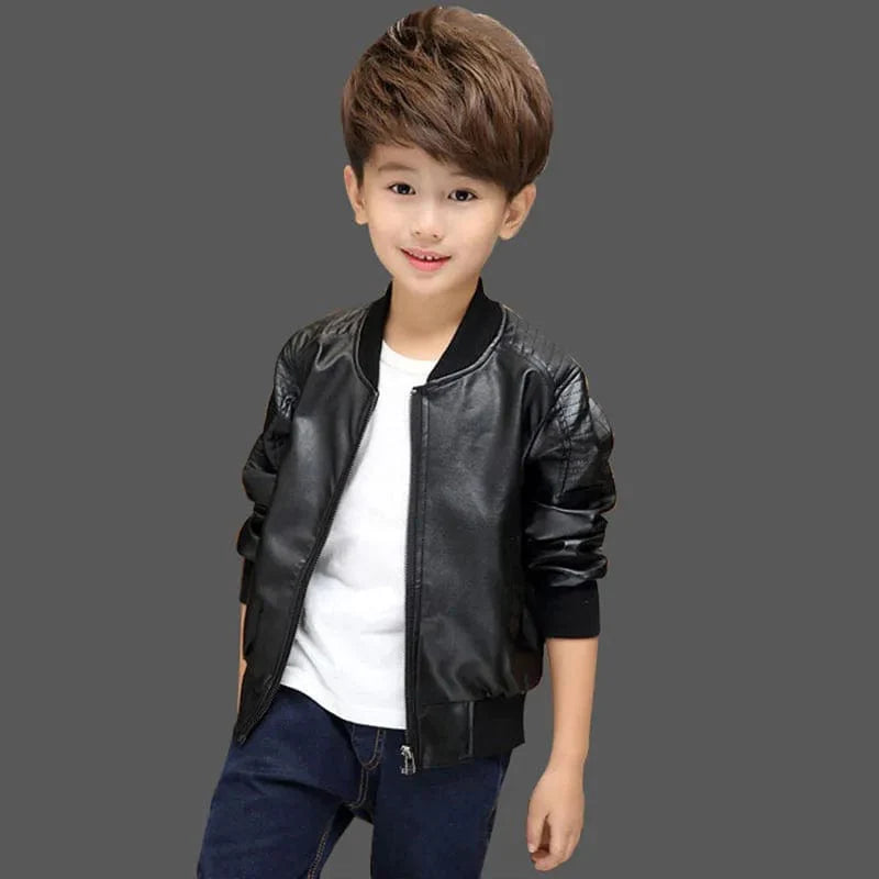 SHOWLU Boys faux leather jacket with warm velvet lining, stylish winter coat for kids aged 1-11 years, suitable for autumn and winter.