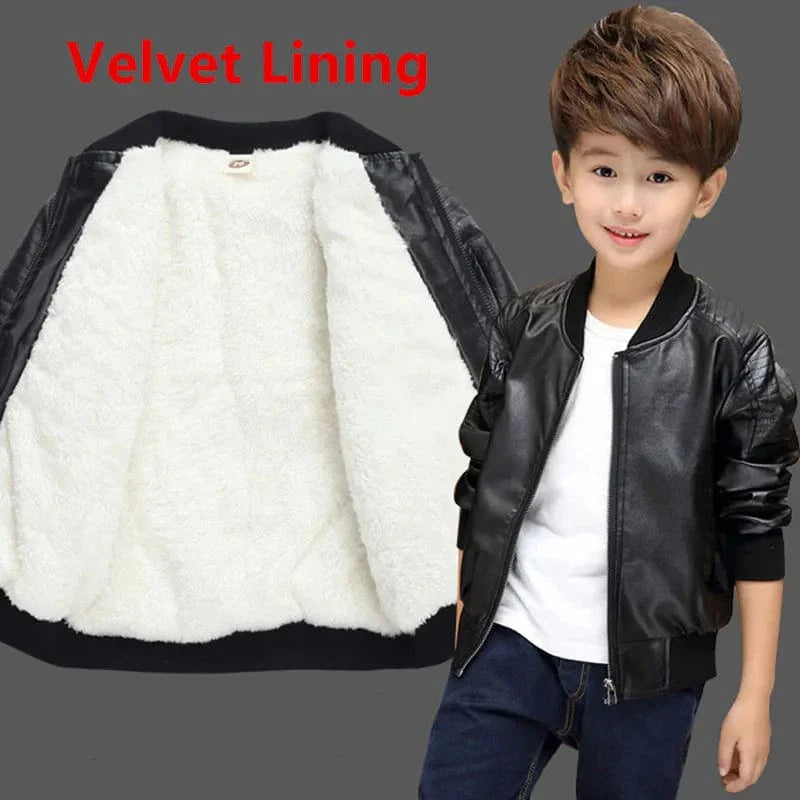 SHOWLU Boys faux leather jacket with warm velvet lining, winter coat for boys aged 1-11 years, stylish autumn and winter outerwear