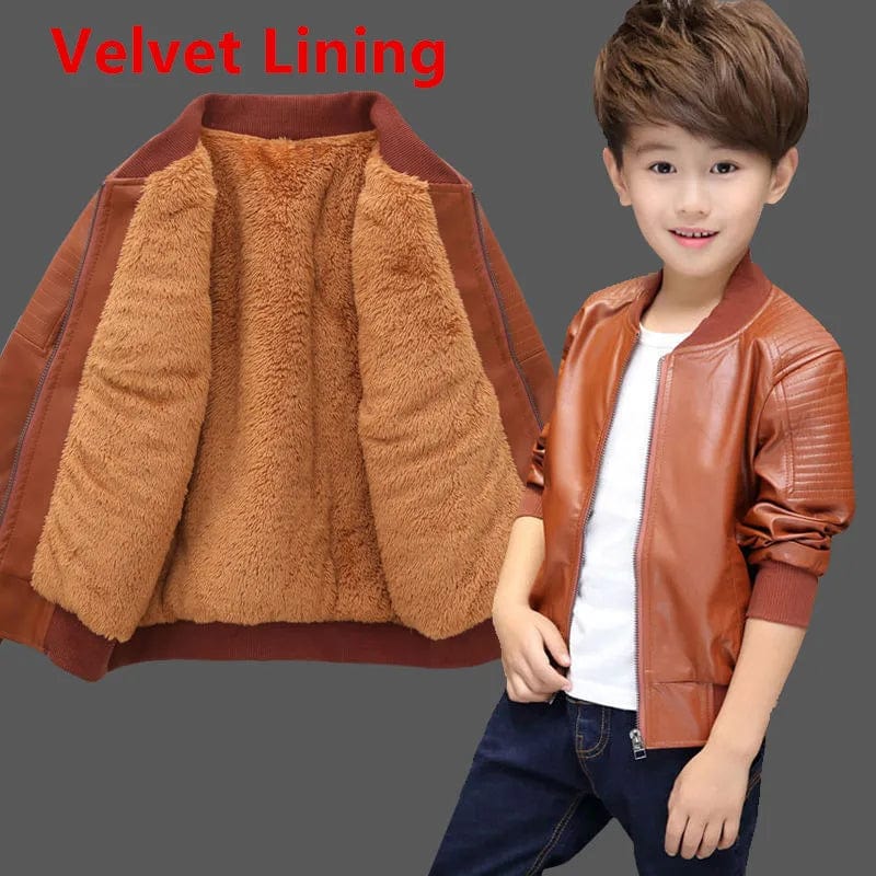 SHOWLU Boys faux leather jacket with warm velvet lining, stylish winter coat for boys aged 1-11 years, suitable for autumn and winter.