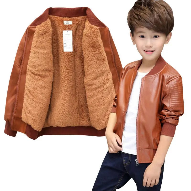 SHOWLU boys faux leather jacket with warm velvet lining, stylish autumn winter coat for children aged 1-11 years.