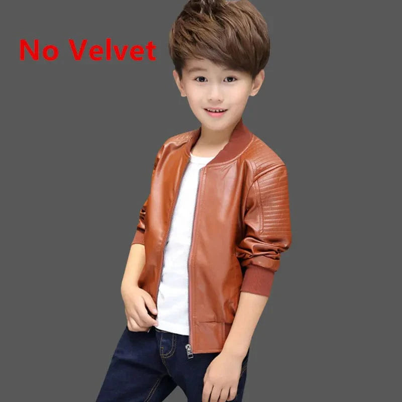SHOWLU Boys Faux Leather Jacket with warm velvet lining, stylish winter coat for children aged 1-11 years, suitable for autumn and winter.