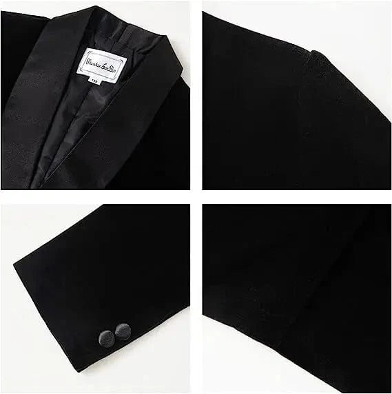 Boy wearing SHOWLU FASHION velvet 3-piece suit with blazer, pants, and bowtie, suitable for formal events and special occasions.