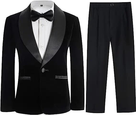 PsyMonster boys velvet 3-piece suit with blazer, pants, and bowtie, perfect for formal occasions and children's special events.