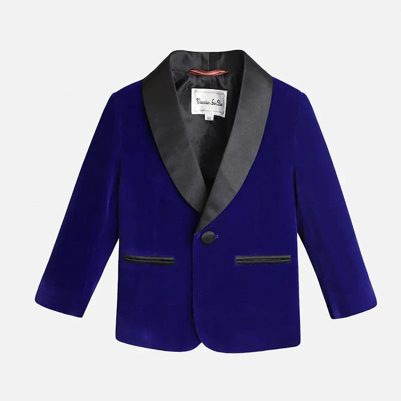 Boy wearing a velvet blazer, pants, and bowtie suit for kids' formal events, in a three-piece set by SHOWLU FASHION STORE.