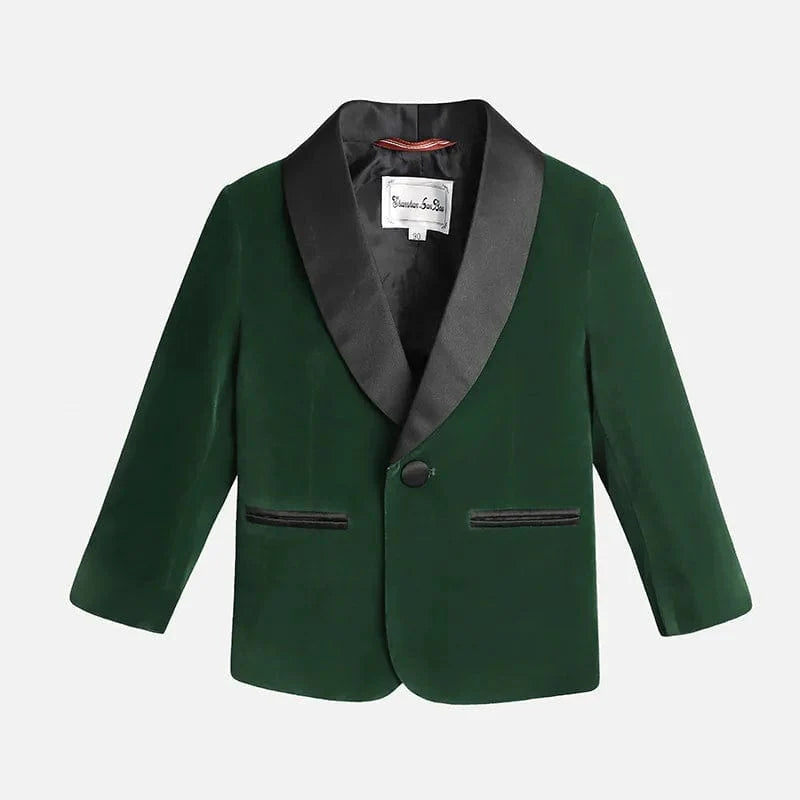 Boy wearing SHOWLU FASHION velvet 3-piece suit with blazer, pants, and bowtie, suitable for formal events and special occasions.