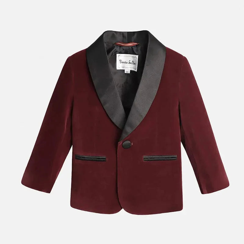 Boy's velvet 3-piece suit with blazer, pants, and bowtie, perfect for formal events and special occasions.