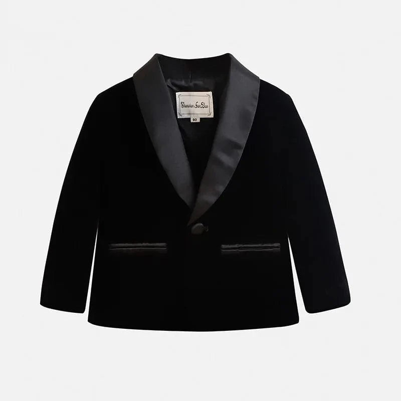 Velvet boys' 3-piece suit with blazer, pants, and bowtie, perfect for formal occasions and special events.