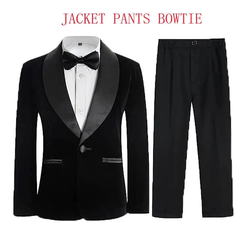 Showlu Fashion Boys velvet 3-piece suit with blazer, pants, and bowtie, perfect for formal events and special occasions.