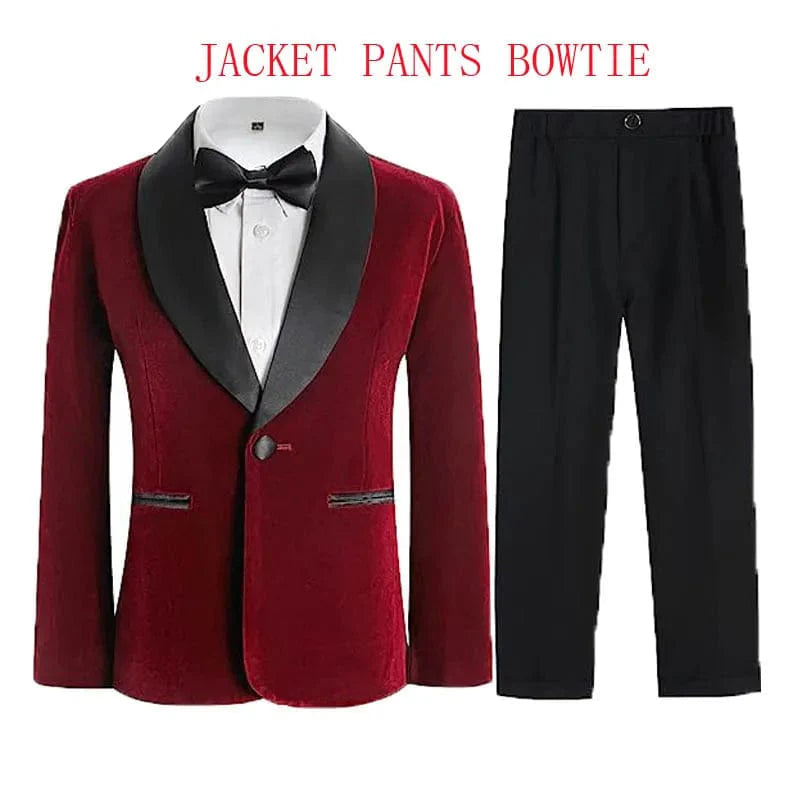 Showlu Fashion boys velvet 3-piece suit with blazer, pants, and bowtie, perfect for formal events and special occasions.