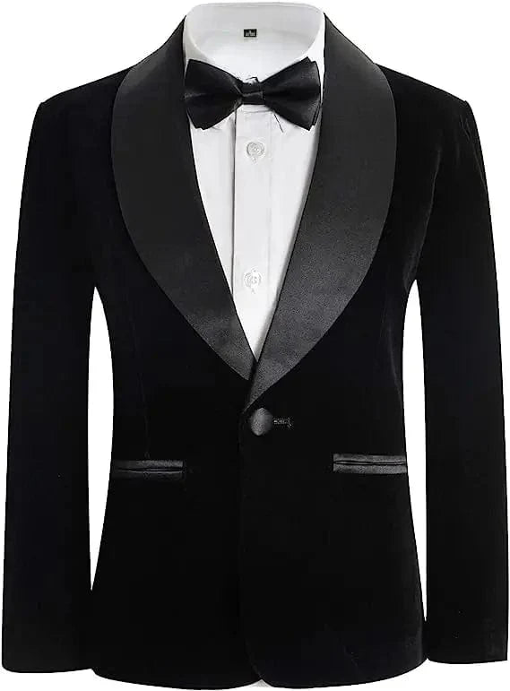Boy wearing SHOWLU FASHION velvet 3-piece suit with blazer, pants, and bowtie, suitable for formal events and celebrations.