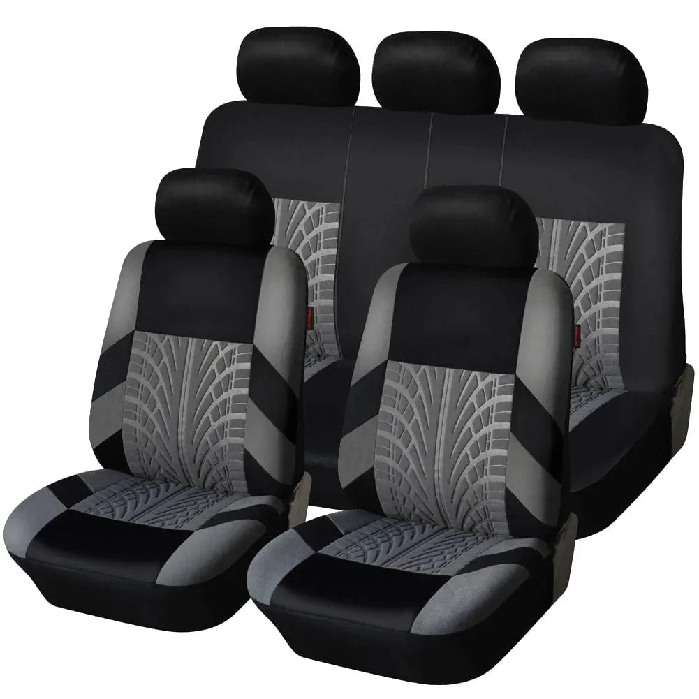 AutoYOUTH universal car seat covers set with brand embroidery, 3D tire track design, includes 9 polyester pieces for various car models