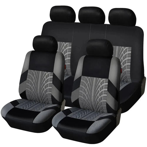 AutoYOUTH universal car seat covers set with brand embroidery, 3D tire track design, includes 9 polyester pieces for various car models