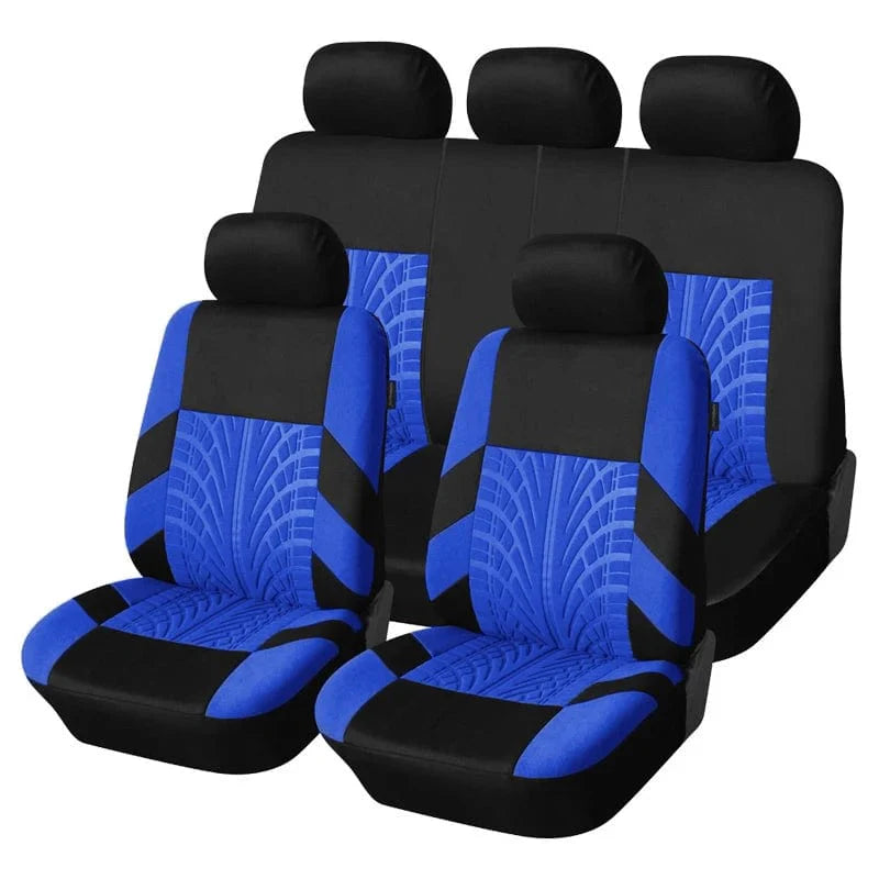 AUTOYOUTH universal car seat covers set with 3D tire track design, shown with embroidered brand logo on polyester seat covers.
