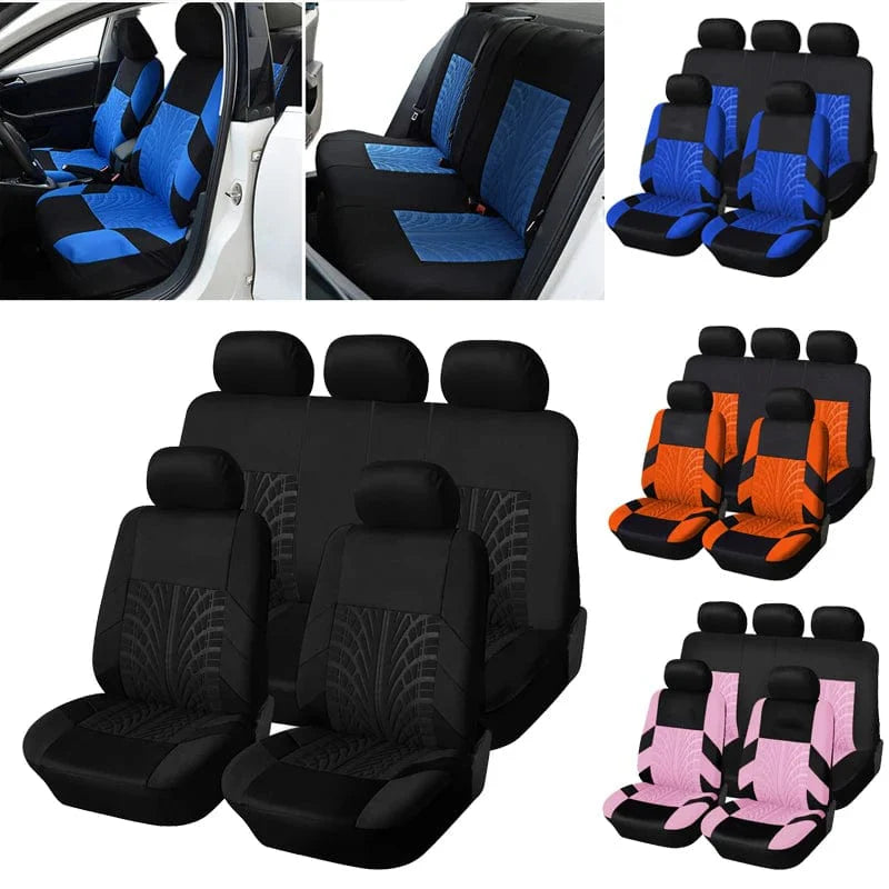 AutoYOUTH universal car seat covers set with 3D tire track design, showing embroidered brand logo on polyester covers for various car models.