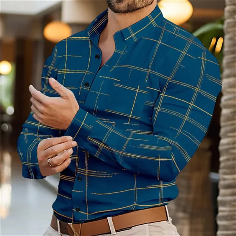 SHOWLU Men's 3D Stripe Print Slim Fit Dress Shirt with long sleeves and button lapel, made from bamboo fiber for fall fashion.