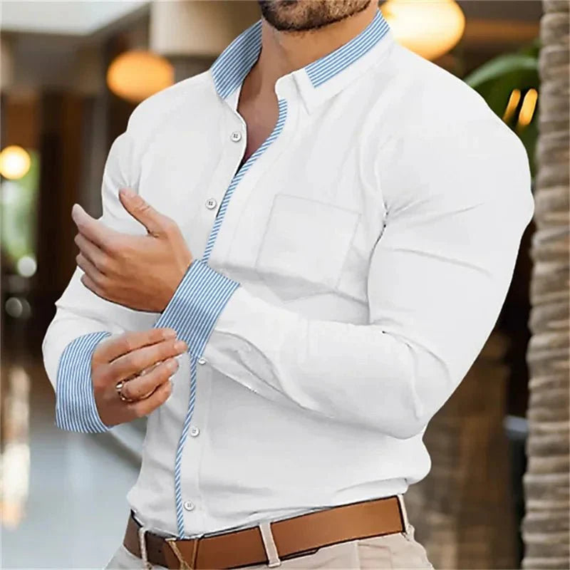 SHOWLU Men's 3D Stripe Print Dress Shirt with long sleeves, slim fit, bamboo fiber fabric, featuring button lapel for fall fashion.