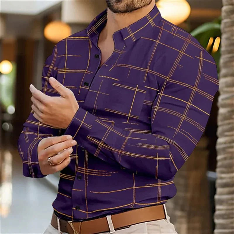 SHOWLU men's slim fit dress shirt with 3D stripe print, long sleeves, button lapel, made from bamboo fiber, perfect for fall fashion.