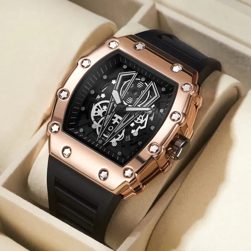 OLEVS men's quartz watch with luminous dial, barrel design, waterproof case, silicone strap, ideal for sports and casual wear
