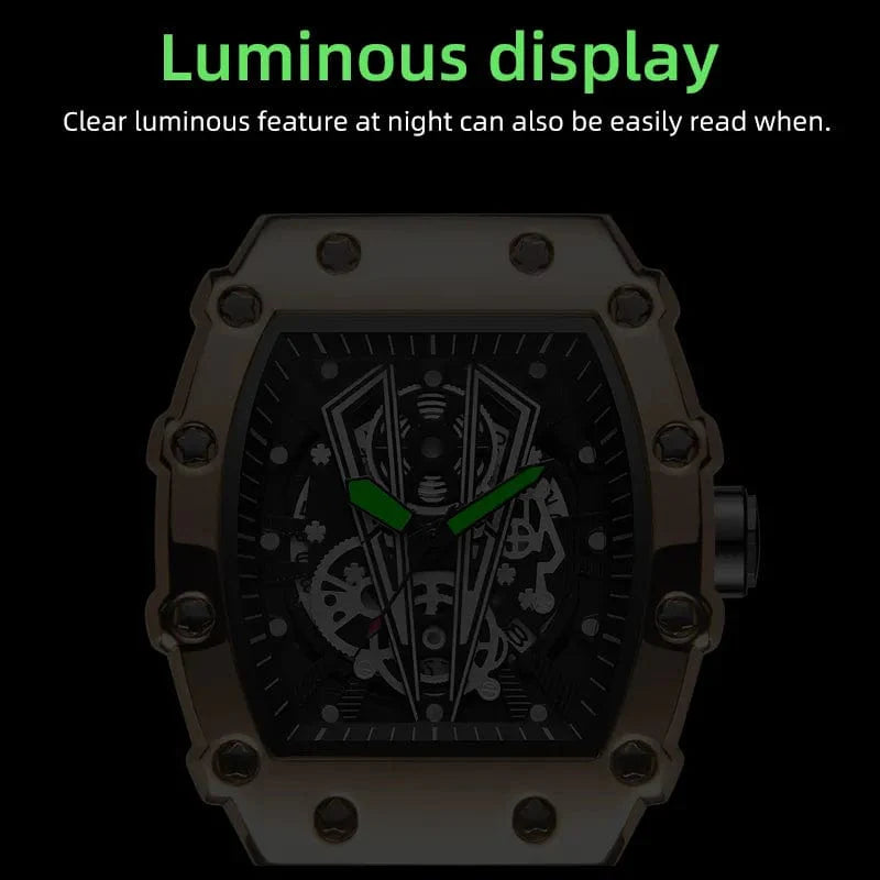 OLEVS men's quartz wristwatch with luminous dial, barrel shape, waterproof design, silicone strap, ideal for sports and casual wear.
