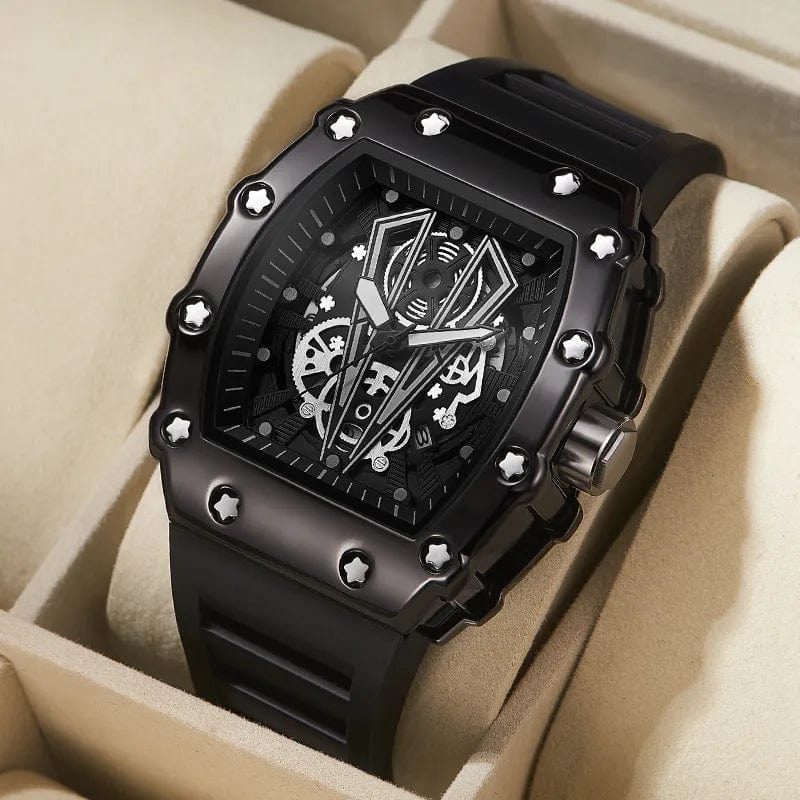 OLEVS men's quartz wristwatch with luminous dial, tonneau shape, silicone strap, waterproof design, suitable for sports and casual wear.