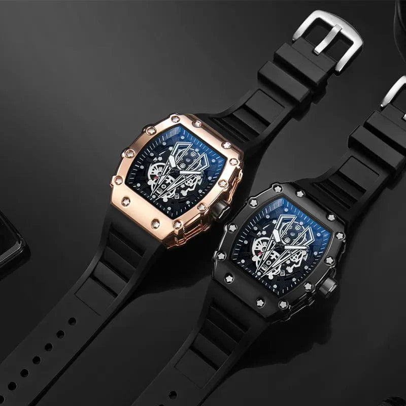 OLEVS men's quartz wristwatch with luminous dial and silicone strap, featuring a barrel-shaped design and waterproof sports style.