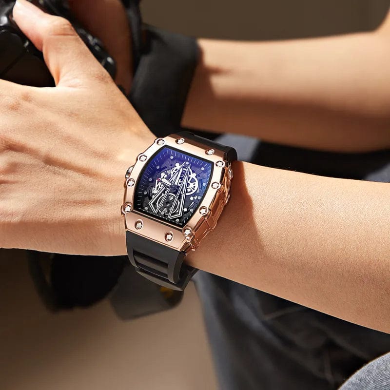 OLEVS men's quartz wristwatch with luminous dial, barrel design, waterproof case, and sporty silicone strap.
