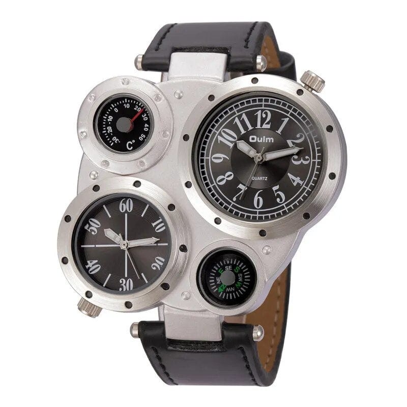 Oulm men's dual time zone sports watch with large face, PU leather strap, quartz movement, and compass decoration.