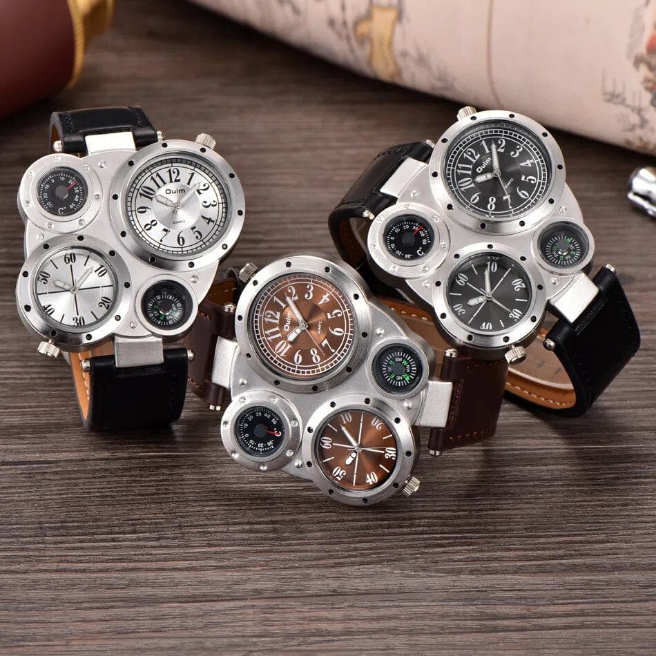 Oulm men's dual time zone sports watch with large face, PU leather strap, quartz movement, and compass decoration.