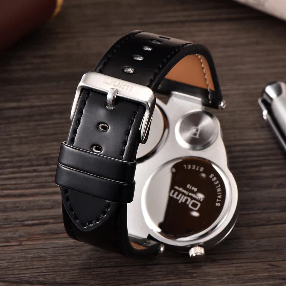 Oulm men's dual time zone sports watch with big face, PU leather strap, quartz movement, and compass decoration.
