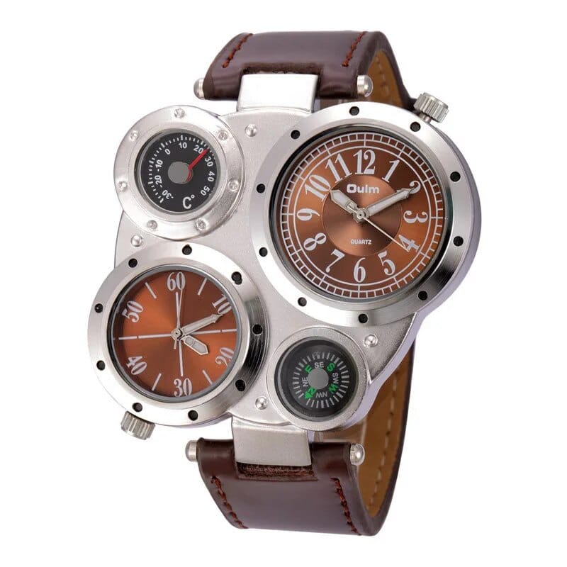 Oulm men's dual time zone sports watch with big face, PU leather strap, quartz movement, and compass decoration.