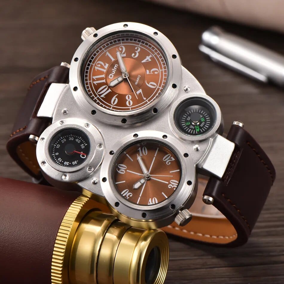 Oulm men's dual time zone sports watch with large face, PU leather strap, quartz movement, and compass decoration.