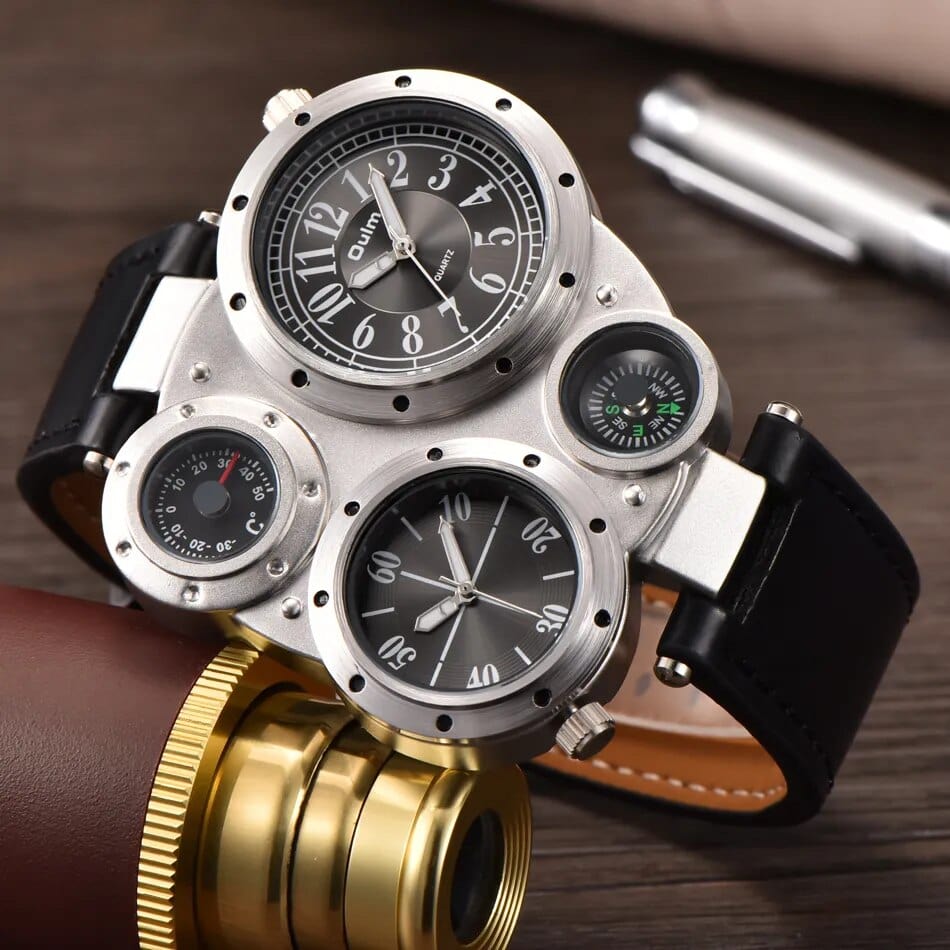 Oulm men's dual time zone sports watch with big face, PU leather strap, quartz movement, and compass decoration.