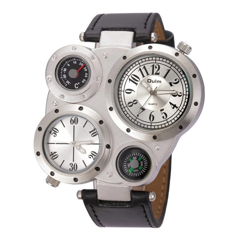 Oulm men's dual time zone sports watch with large face, PU leather strap, quartz movement, and compass decoration.