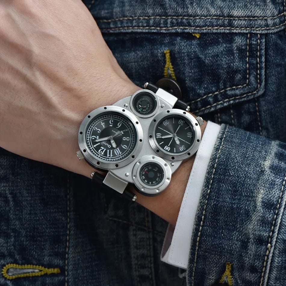 Oulm men's dual time zone sports watch with large face, PU leather band, quartz movement, and compass decoration.
