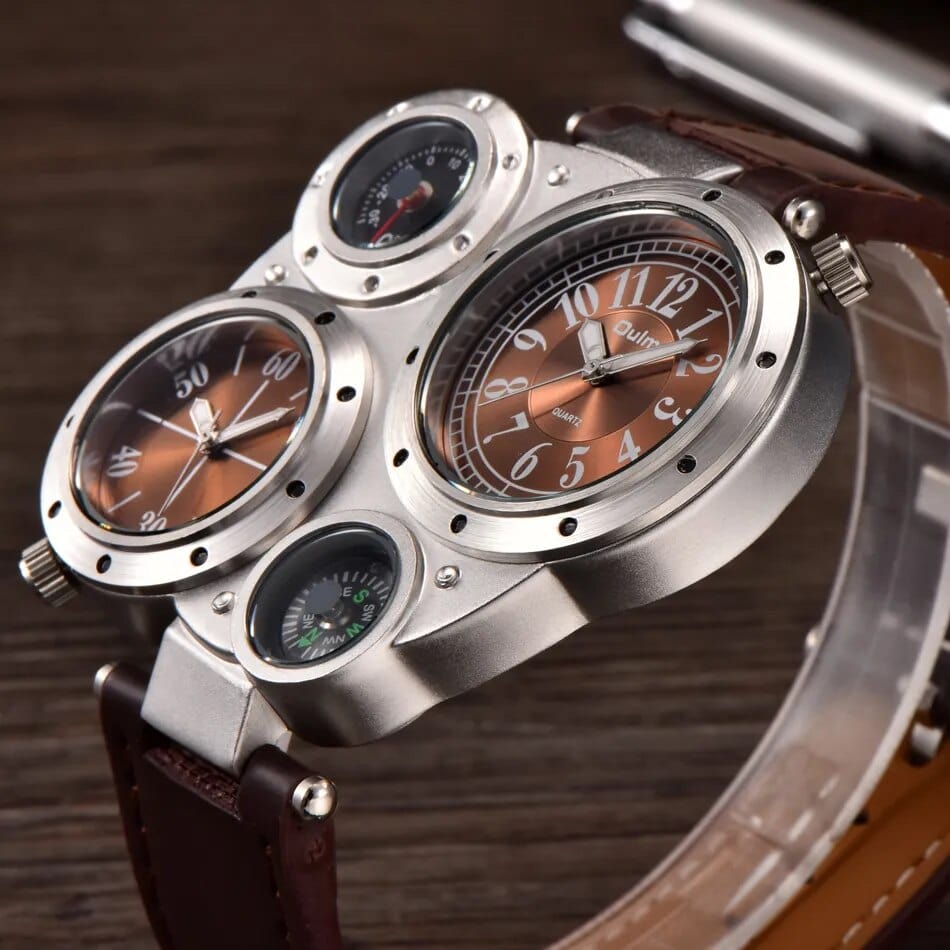 Oulm men's dual time zone sports watch with big face, PU leather band, quartz movement, and compass decoration.