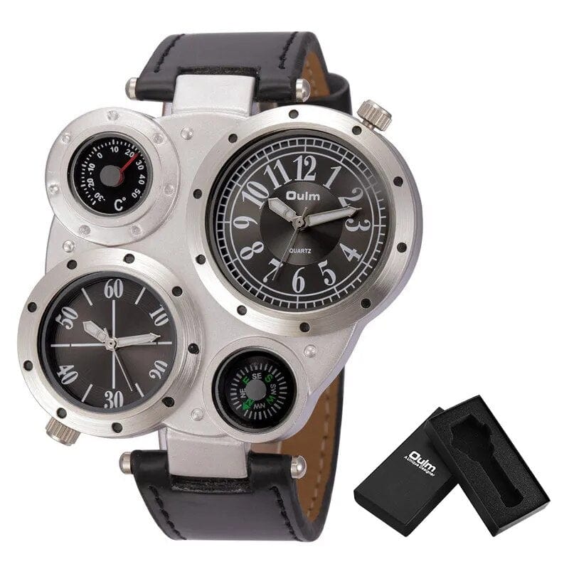 Oulm men's dual time zone sports watch with big face, PU leather strap, quartz movement, and compass decoration.