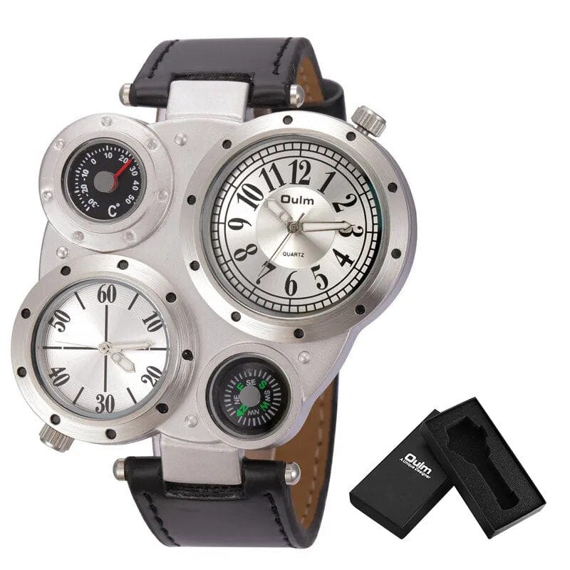 Oulm men's dual time zone sports watch with big face, PU leather strap, quartz movement, and compass decoration.