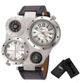 Oulm men's dual time zone sports watch with big face, PU leather strap, quartz movement, and compass decoration.